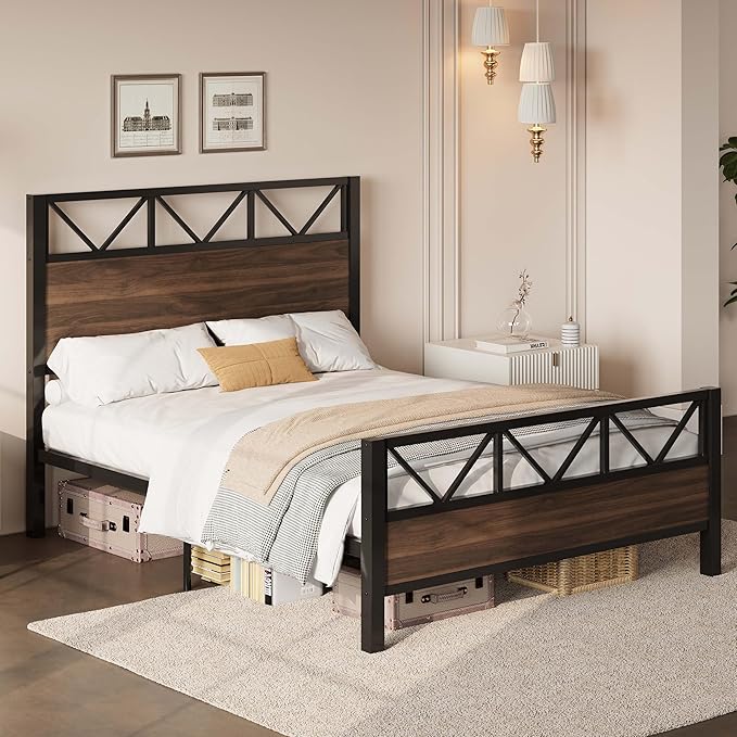 LIKIMIO Queen Bed Frame Tall Industrial Headboard 51.2  Platform Bed Frame with Strong Metal Support Solid and Stable Noise Free No Box Spring Needed Easy Assembly Walnut