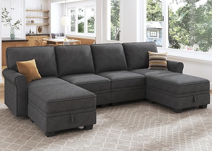 HONBAY Sectional Sofa with Storage Seat U Shaped Couch with Reversible Chaise Convertible Sectional Couches for Living RoomDark Grey