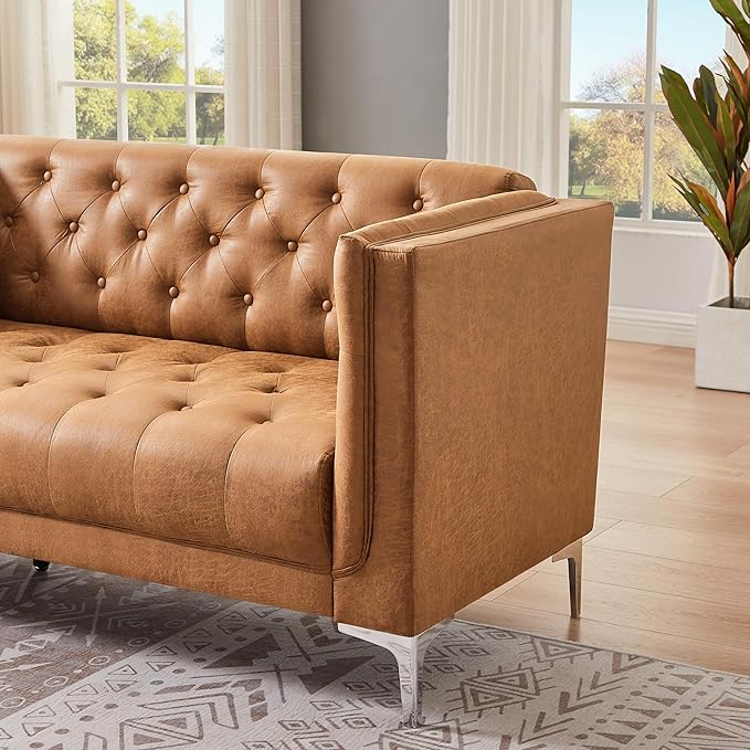 HIFIT 79 W Brown Faux Leather Sofa Couch with 2 Pillows 3 Seater Couches for Living Room Handmade Button Tufted Cushions and Metal Legs Modern Leather Sofa for Apartment Office