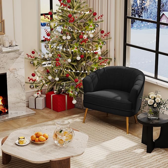 Andeworld Velvet Accent Chair Upholstered Modern Single Sofa Side ChairComfy Barrel Club Living Room Armchair with Golden Metal Legs for Bedroom Living Reading Room Office Black