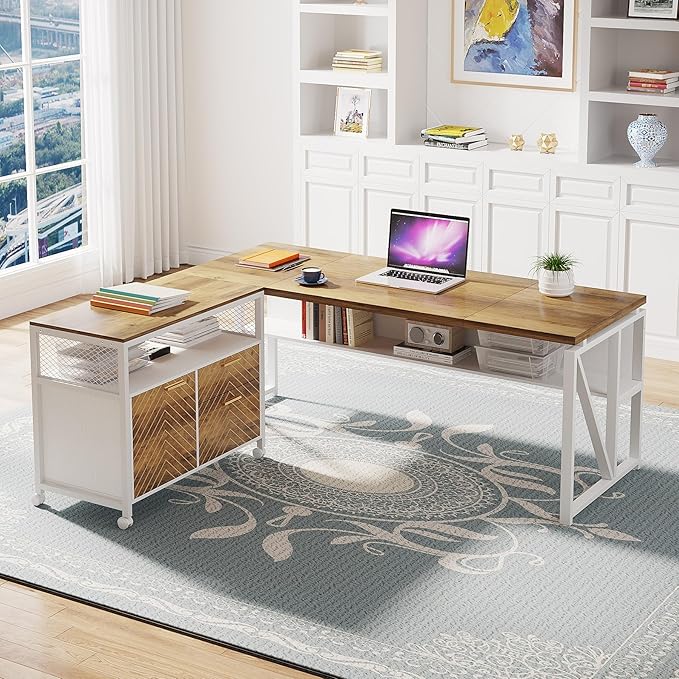 Tribesigns Office Desk with Drawers Sets 63 inches L Shaped Computer Desk with Mobile File CabinetBig Executive Desk for Home Office Furniture Sets (Light Walnut 63-inch)