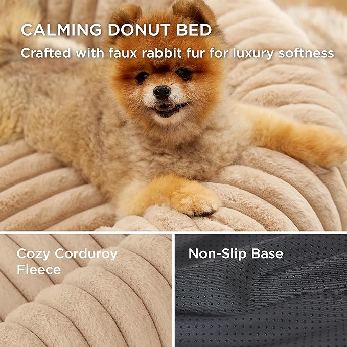 Bedsure ComfyFleece™ Donut Large Dog Bed - Washable Faux Fur with Corduroy Fleece &amp Anti Slip Bottom Round Pet Bed with Removable Cover Sandy Beige 36x36x8 inches
