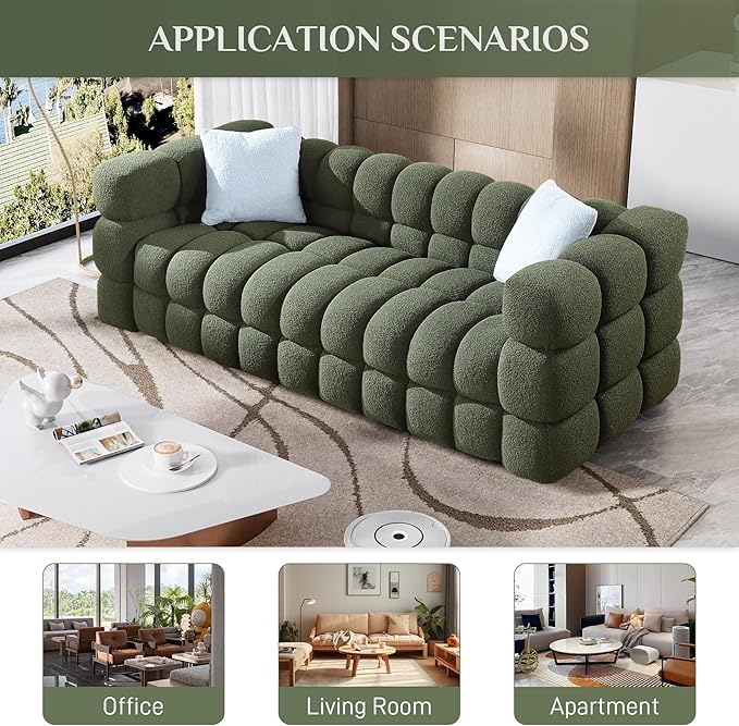 Boucle Sofa Couch 84.3 Comfy Upholstered Sherpa Sofa Tufted Cozy 3-Seater Deep Seat Cloud Couch Modern Oversized Loveseat with 2 Pillows for Living Room Apartment Office Olive Green