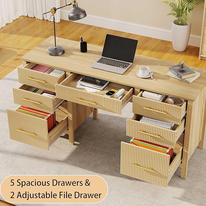 Modern Executive Desk with Drawers: 60 Oak Home Office Desks with File Drawers Wood Fluted Computer Writing Desk for Work Study and Living Room (60)