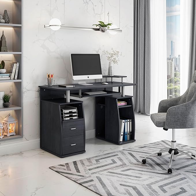 Techni Mobili 47 Computer Desk with Drawers and Storage Office Desk with Printer Shelf Pull Out Shelf and Keyboard Tray Computer Workstation Espresso Brown