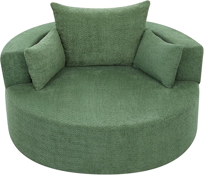 360° Oversized Swivel Barrel Chair Oversized Chenille Upholstered Reading Lounger Accent Round Sofa Chair with 5 Throw Pillows and Thicked Cushions for Living Room Bedroom Office and Hotel (Green)
