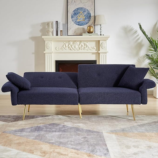 Dark Blue Futon Sofa Bed Loveseat with Adjustable Backrest and Armrests Teddy Couch with Pillows and Side Pocket for Small Spaces Living Room Apartment Or Office (Dark Blue)