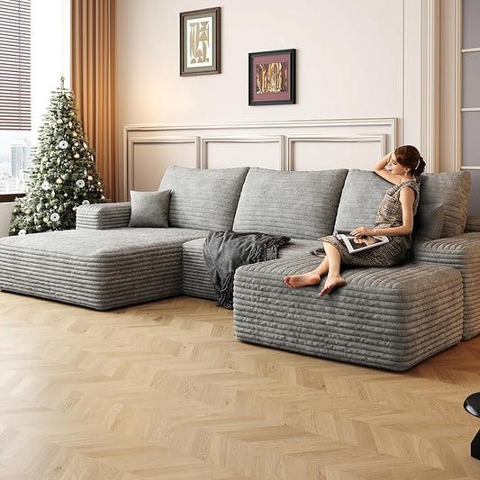 Ball &amp Cast 107 Cloud Sectional Couch with OttomanModern Upholstered Boneless Modular Sofa for Living Room BedroomDeep Seat Compression SofaNo Assembly Required Plush Corduroy FabricGrey