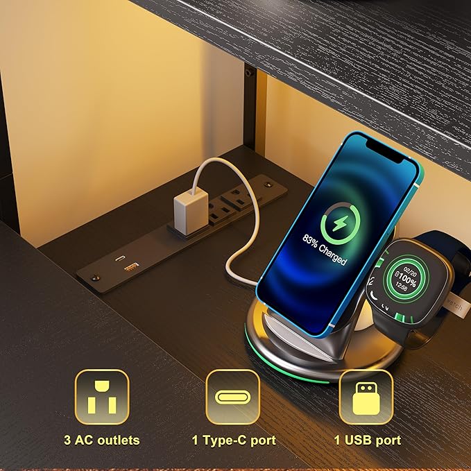 Garvee L Shaped Gaming Computer Desk with 6 Fabric Drawers Corner Gaming Desk with Open Shelves Home Office PC Table with Power Outlets &amp LED Lights 58.3 l*54.3 h Black