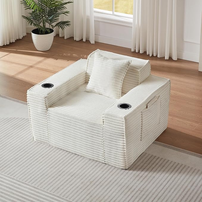 Oversized Cloud Sofa 43'' Upholstered Corduroy Accent Chairs Boneless Floor Couch with Pillow &amp Armrests Comfy Lounge Reading Chair Living Room Chair No Assembly (White)