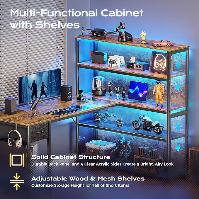 PRAISUN 57 Inch L Shaped Gaming Computer Desk with Larger Open Cabinet Reverisble Office Desk with Power Outlets LED Lights Work Desk Fabric Drawer Adjustable Wood and Mesh Shelf Rustic Brown