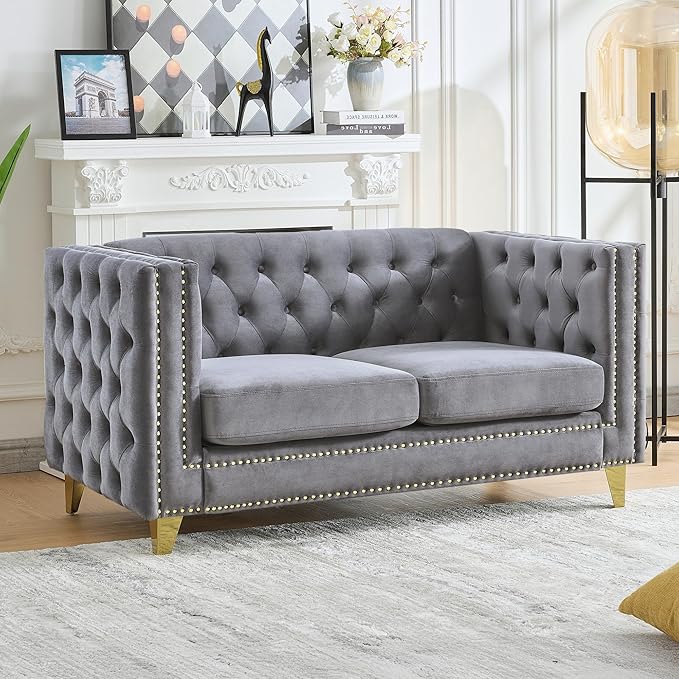 58 Chesterfield Sofa Comfy Velvet Button Tufted Mid Century Modern Couch Cloud Futon Small Loveseat Grey with Gold Legs and Nailhead Deep Seat Sofas for Living Room Office (Dark Grey 2 Seater)