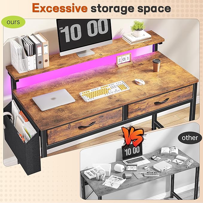 Gaming Desk with LED Lights &amp 2 Fabric Drawers 39.4Inch Home Office Computer Desk with Side Pocket &amp Ergonomic Monitor Stand Small Space Study Writing Table with Anti-Tip Design Rustic Brow