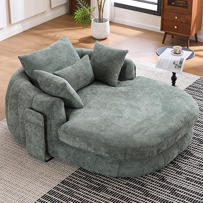 Oversized Chaise Lounge Indoor Deep Seat Boneless Sofa Bed with Throw Pillows Plush Chenille Fabric No Assembly Required Comfy Sleeper Sofa for Living Room Bedroom (Green with Pocket)