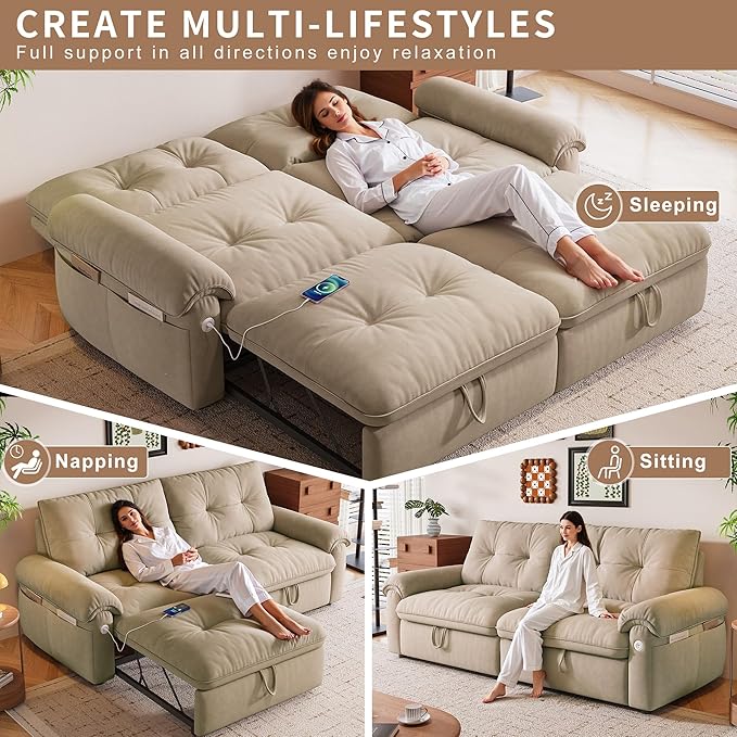 77 Queen Size Sofa Bed Loveseat Sleeper Sofa with Pull Out Bed Pockets and USB Velvet Fabric 2 Seater Convertible Small Couch for Living Room Bedroom Apartment Light Brown