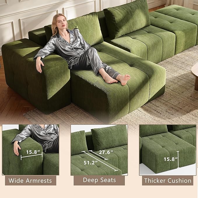 141 Cloud Sectional Couch for Living Room Oversize Boneless Modular Sectional Sofa with Deep Seat L Shaped Modern Cloud Sleeper Sofa Bed with Chaise Green