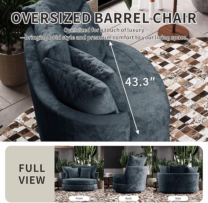 54.9''W Oversized Accent Barrel Chair Chenille Upholstered Comfy Couch Sofa with 5 Pillows for Living Room Apartment Bedroom (Navy Blue).