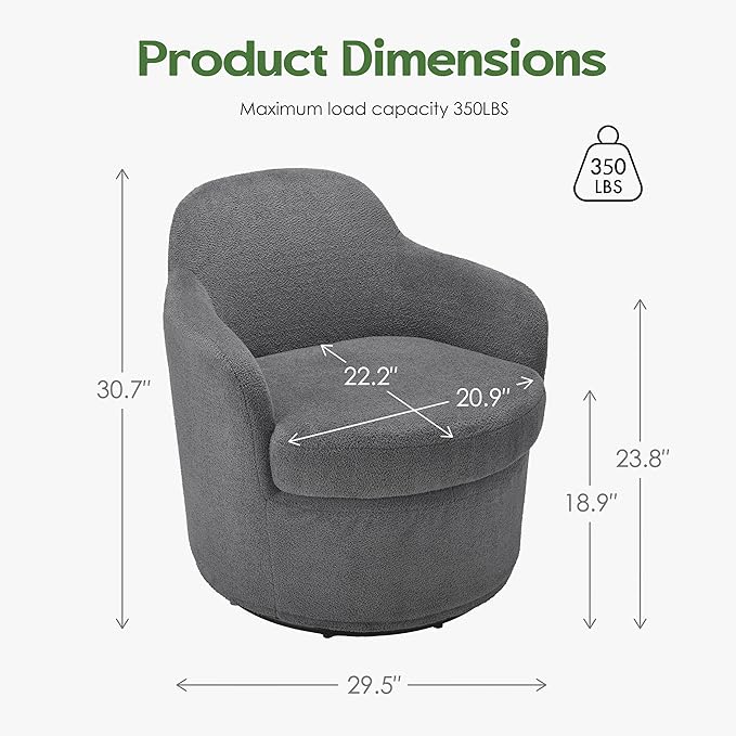 Swivel Accent Chair Upholstered Barrel Chairs with Washable Detachable Cover Round Living Room Chairs with Solid Mental Base Modern Armchair for Bedroom Polar Fleece(Grey)