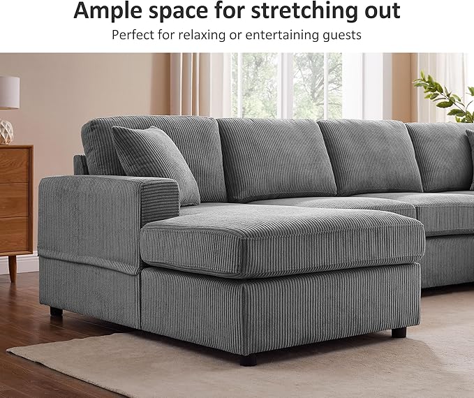 VANOMi 119 L-Shaped Sectional Sofa with Reversible Chaise Modern Corduroy Couch with Deep Seats 4-Seater Upholstered Sofa for Living Room or Apartment Dark Grey