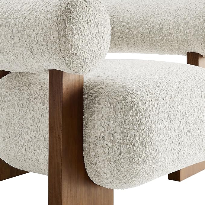 Modway Jace Boucle Fabric Accent Chair in Pearl - Upholstered Barrel Chair with Pillow - Comfy Lounge Armchair with Curved Back and Wood Legs - Soft Teddy Club Chair for Living Room or Bedroom
