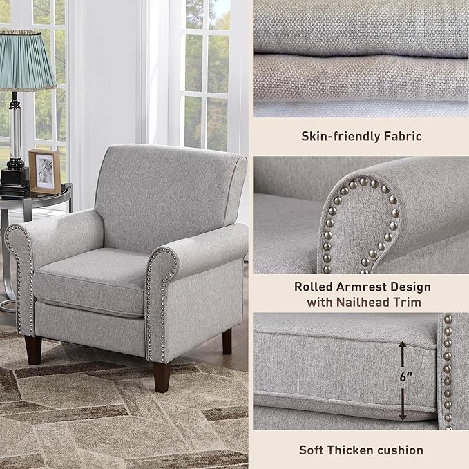 Prilinex Upholstered Living Room Chair - Large Comfy Fabric Accent Chair Single Sofa with Cushion Rolled Armrest &amp Nailhead Trim Mid Century Modern Armchair for Bedroom Office Grey