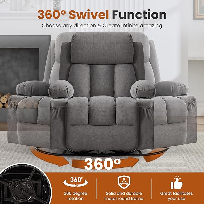 Swivel Rocker Recliner Chair with Vibration Massage and Heat for Living Roomwith Rocking Function and Side Pocket USB Charge Port2 Cup Holders