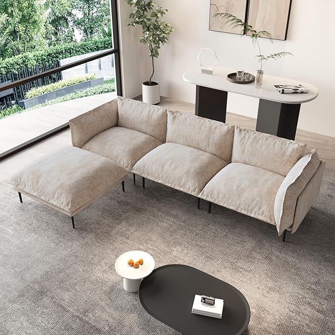 WJShome Velvet Modular Sectional Sofa with Chaise111 3-Seater Sofa with Ottomans L-Shaped Couch for Living Room 8 High Metal Legs and Easy to Clean Oatmeal
