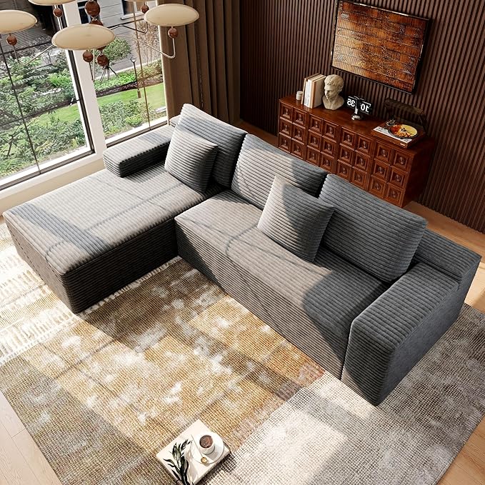 Boneless Modular Sectional Sofa Cloud Couch with Left Facing Chaise Oversized Deep Seat L-Shaped Soft Corduroy Fabric Sectional Couch for Living Room -Grey