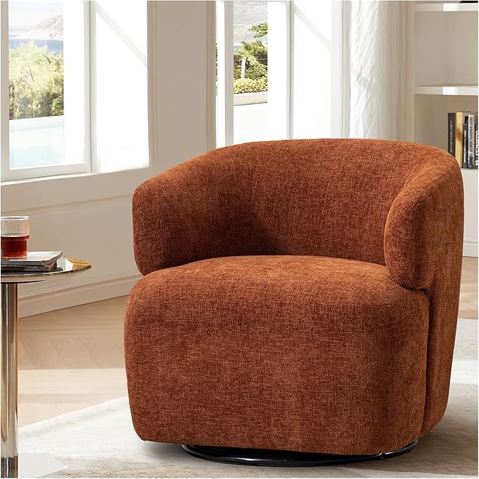 Swivel Accent Chair Upholstered Fabric Barrel Chair Chenille Round Boucle Armchair for Living Room Bedroom Orange