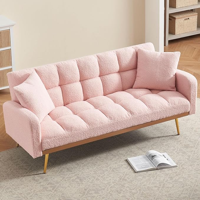 Comfy Futon Sofa Bed with 2 Pillows Pink Futon Couch Bed with Gold Legs Small Convertible Sofa Bed Couch for Living Room Modern Loveseat for Bedroom Curved Arms Plush Tufted-ShapedTeddy (Pink)