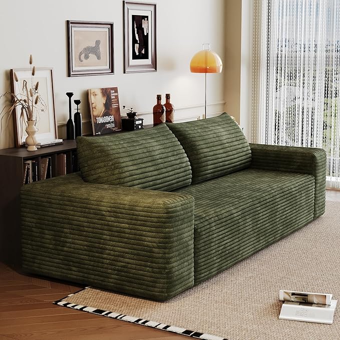 71 W Corduroy Boneless Couch 3-Seater Compression Sofa with Deep Seat No Assembly Required Comfy Loveseat Sofa with 2 Pillows Sofa Couches for Living Room/Apartment (Green 71 inch) | Breathable