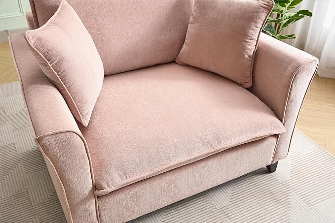 46.3 Inch Oversized Armchair Chenille Fabric Chair and a Half Single Sofa with Pillow Removable Washable Covers Rubberwood Legs Ruffled Armrests for Living Room Bedroom Office Apartment Pink