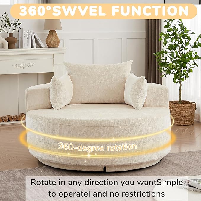 55''L Round Swivel Accent Chair Oversized Chenille Modern Swivel Barrel Chairs Upholstered Cozy Reading Chair for Living Room Bedroom Home Office (Chenille Beige)