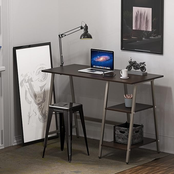 SHW 43-Inch Home Office Trestle Computer Desk with Open Storage Shelves Espresso