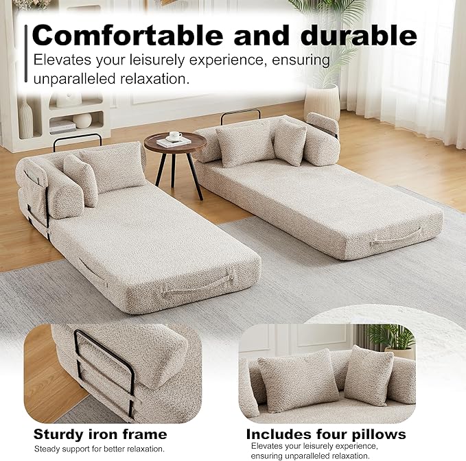4-in-1 Folding Convertible Floor Sofa Bed 78 Oversized Compression Sofa No Assembly Required King Futon Lazy Couch Corduroy Loveseat Sleeper with Pull Out Bed Modular Futon Couch (Khaki &amp Styl