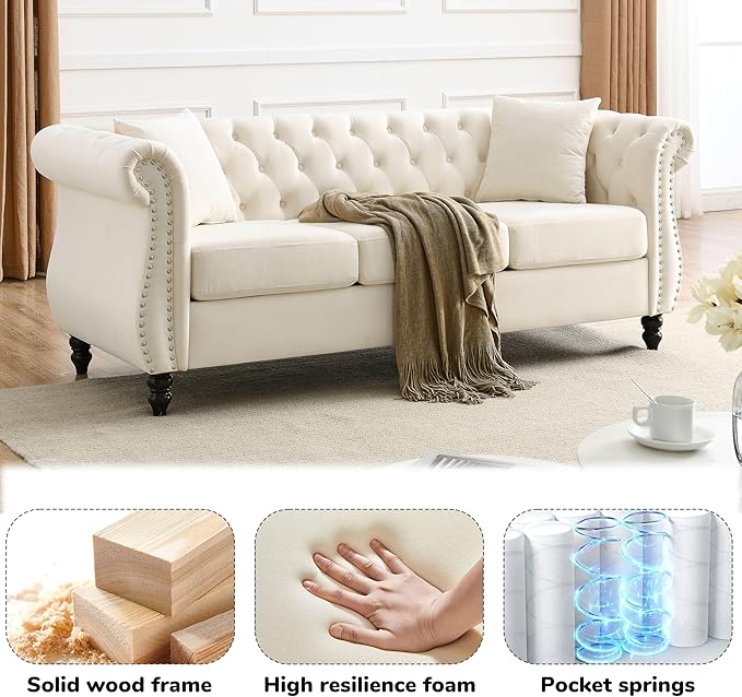 2 Piece Modern Beige Velvet 80 3-Seater Sofa Sets Upholstered Tufted Backrests with 8 Rolled Nailhead Arms Combination Couch with 4 Pillows for Living Room