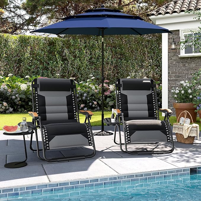 PHI VILLA XXL Oversized Padded Zero Gravity Chair Foldable Patio Recliner 30 Wide Seat Anti Gravity Lounger with Cup Holder Support 400 LBS (Black 1Pcs)