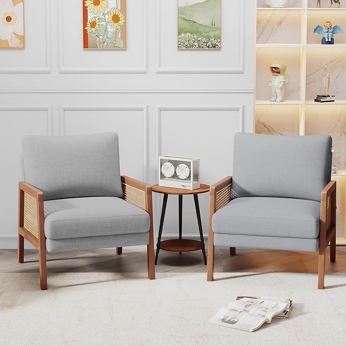WENTMENT Rattan Accent Chairs Set of 2 Modern Armchair with Natural Rattan Armrest Upholstered Living Room Chair Comfy Single Sofa Chair for Reception Room/Hosting Room/Bedroom(Grey)