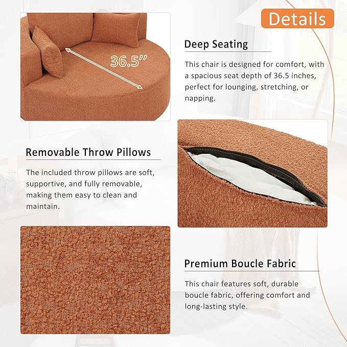 Merax 56 W Accent Chair 360°Swivel Chair with Seat Depth and 3 Removable Pillows Round Barrel Chenille Upholstered Lounge Armchair Sofa Couch for Living Room Bedroom Office or Hotel Orange