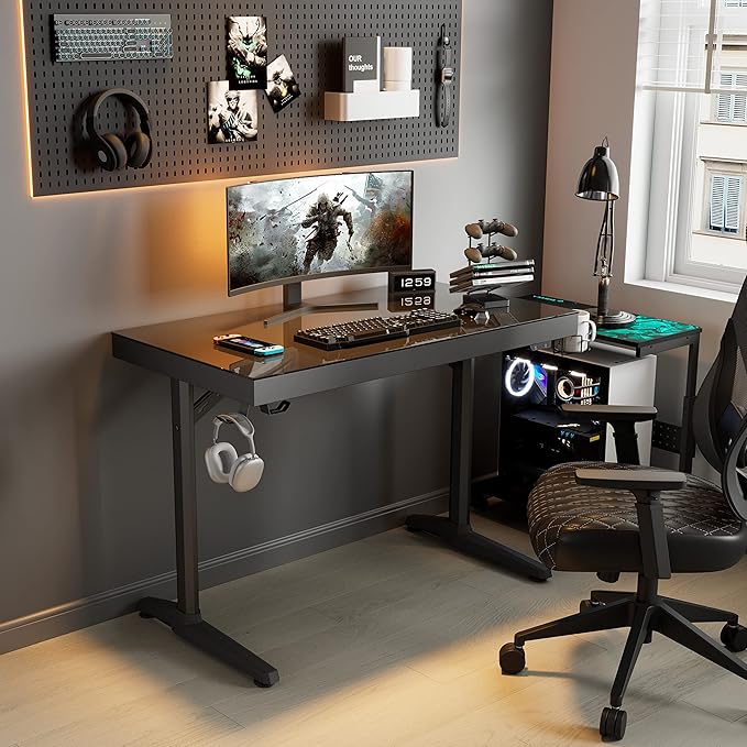 EUREKA ERGONOMIC RGB LED Gaming Desk Music Sync Lights Up Tempered Glass Desktop 43 GTG I43 Home Office Computer Table W Controller Rack 4 USB Charging Ports APP Control