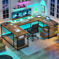 YITAHOME U Shaped Desk with Power Outlets &amp LED Lights 79 Reversible L Shaped Desk with Drawers Corner Computer Desk Office Desk with Monitor Stand &amp Storage Shelves Rustic Brown