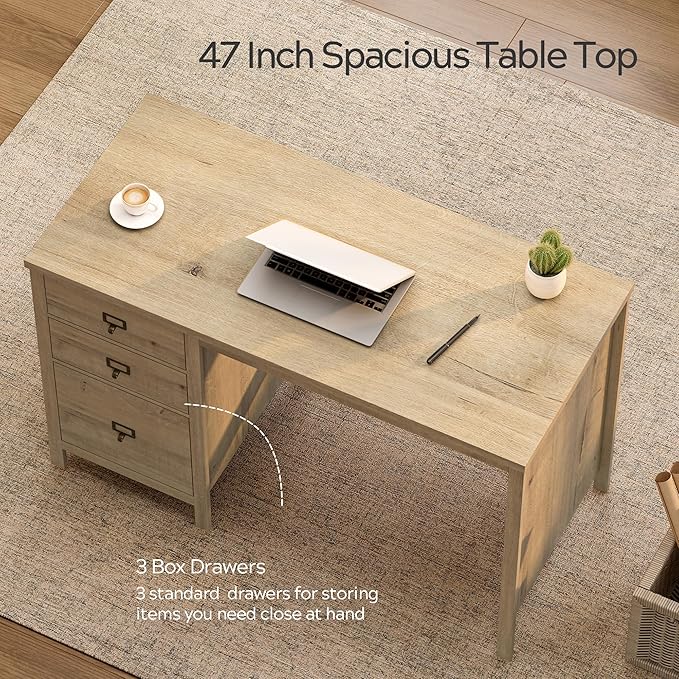 Executive Desk with Drawers Modern Wood Home Office Desk with File Drawer Farmhouse Computer Writing Desk for Working Light Oak