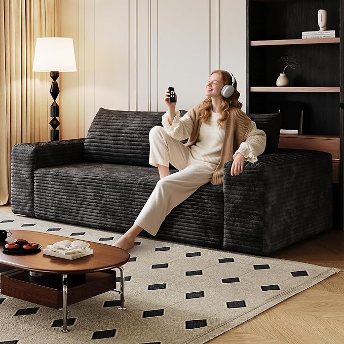 Modern Corduroy Loveseat Sofa2-Seater Cloud Couch with Memory Foam and Furry PillowsDeep Seat Small Sofa with Wide ArmrestsNo Assembly Couch in a Box for BedroomSmall Space (Black63in)