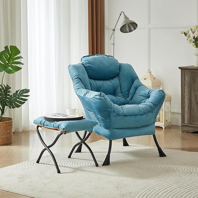 HollyHOME Lazy Chair with Foldable Ottoman Accent Comfy Lounge Armchair and Folding Footrest Stool Leisure Sofa Reading Chair and Footstool for Living Room Bedroom DormBlue