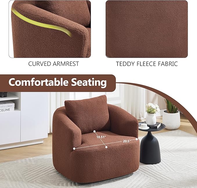 PELUMY Swivel Accent Chair Modern Round Barrel Chair Soft Teddy Fleece Fabric Swivel Chair for Living Room 360 Rotating Small Space Comfort Reading Chair No Tools Assembly (Brown)