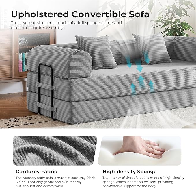Modern 5-in-1 Convertible Sleeper | 79 Modular Sofa with Reinforced Steel Cross-Bracing Frame Sturdy Structure | High-Density Foam &amp Corduroy for Living Room Office (Light Grey)