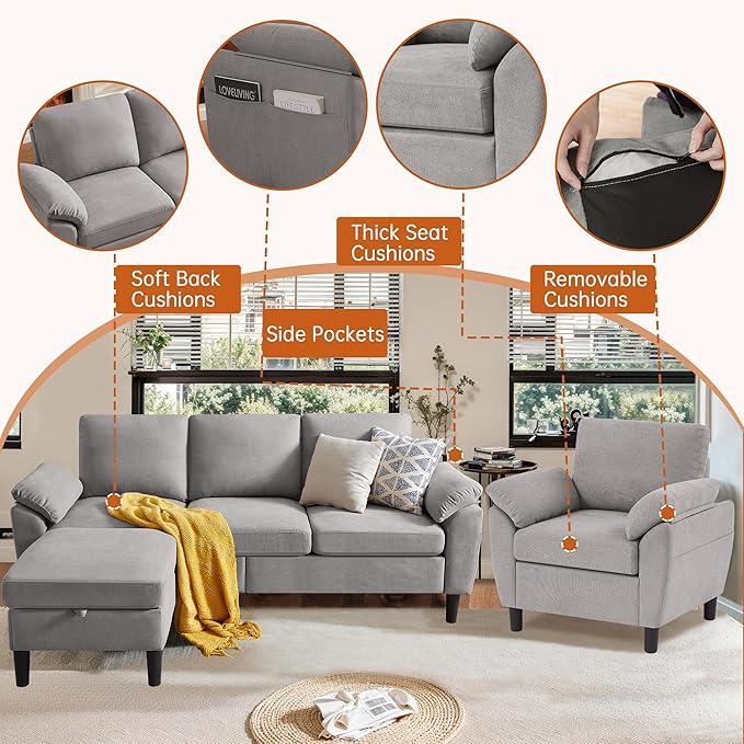 Sectional Sofa Set 2 Pieces 3 Seat L Shape Couch with Ottoman and Accent Chair Sofa Set Polyester Fabric for Living Room Light Grey