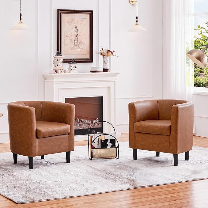 Yaheetech Accent Chair PU Leather Modern and Comfortable Armchairs Upholstered Barrel Sofa Chair for Living Room Bedroom Waiting Room 2PCS Brown