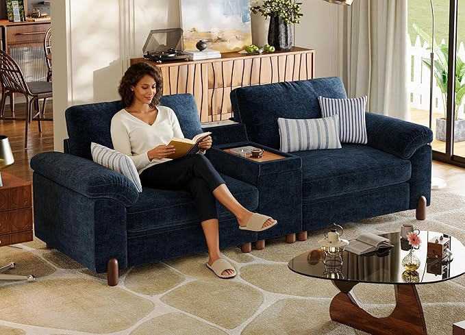 SITJOY 100 Oversized Sectional Couches for Living Room Extra Large Deep Seat Couch with Washable Covers Versatile Console Charging Ports Storage and Cupholders Loveseat Chenille in Blue