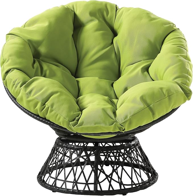 OSP Home Furnishings Wicker Papasan Chair with 360-Degree Swivel Grey Frame with Green Cushion